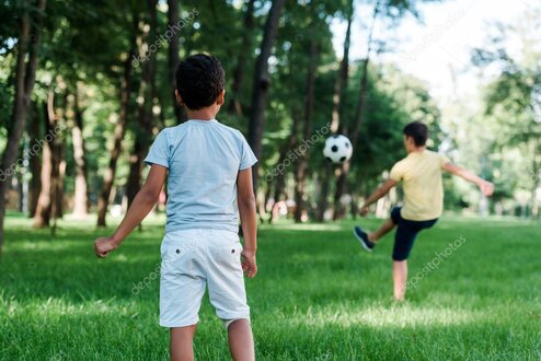 Kinder spielen in einem Wald und sammeln Naturmaterialien